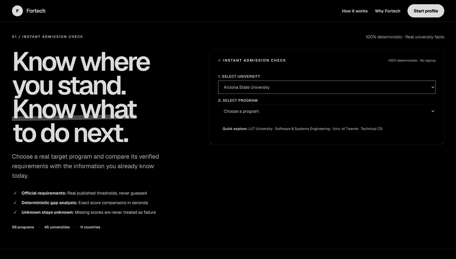 Fortech home page with a university and program picker